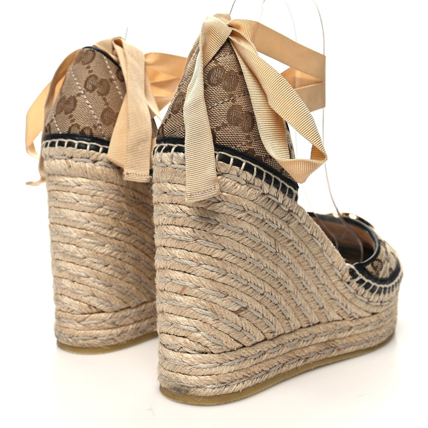 Monogram Matelasse GG Marmont Ankle Wrap Platform 35/120mm Espadrille Wedges 38.5 Beige Ebony Black Sand Storm