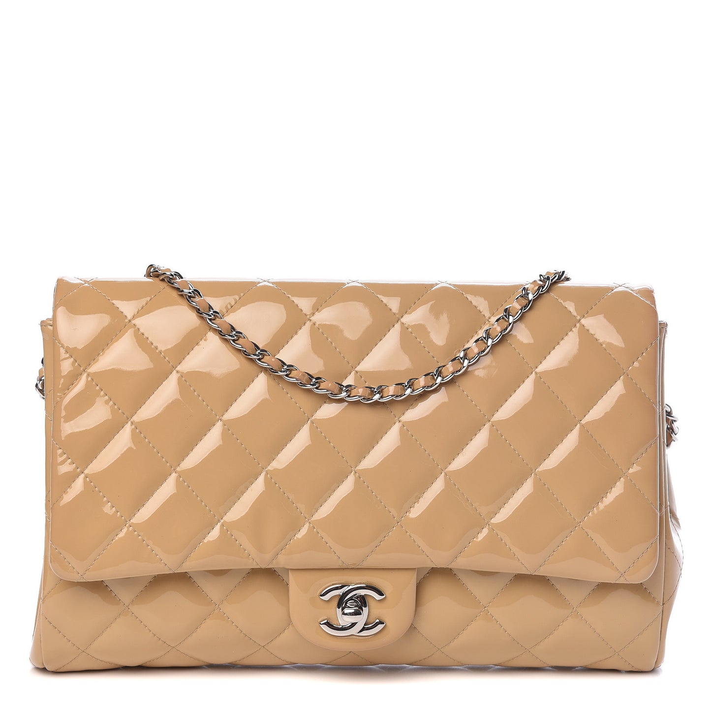 Patent Quilted Clutch with Chain Flap Beige