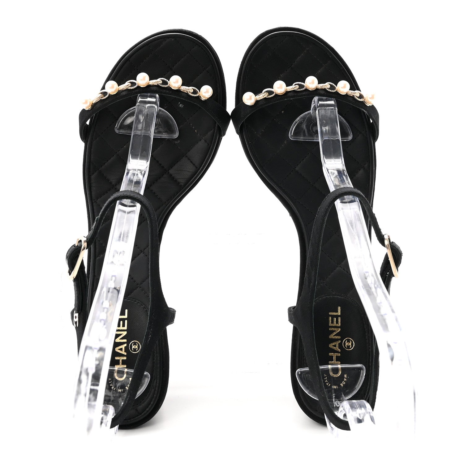 Chanel Grosgrain Pearl Chain CC Sandals 37.5 Black 2 of 8