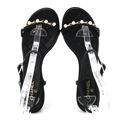 Chanel Grosgrain Pearl Chain CC Sandals 37.5 Black 2 of 8