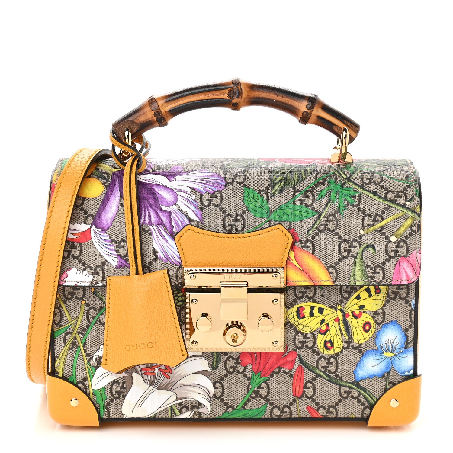 Gucci GG Supreme Monogram Flora Small Padlock Bamboo Shoulder Bag Beige Multicolor Crop 1 of 9