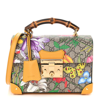 Gucci GG Supreme Monogram Flora Small Padlock Bamboo Shoulder Bag Beige Multicolor Crop 1 of 9