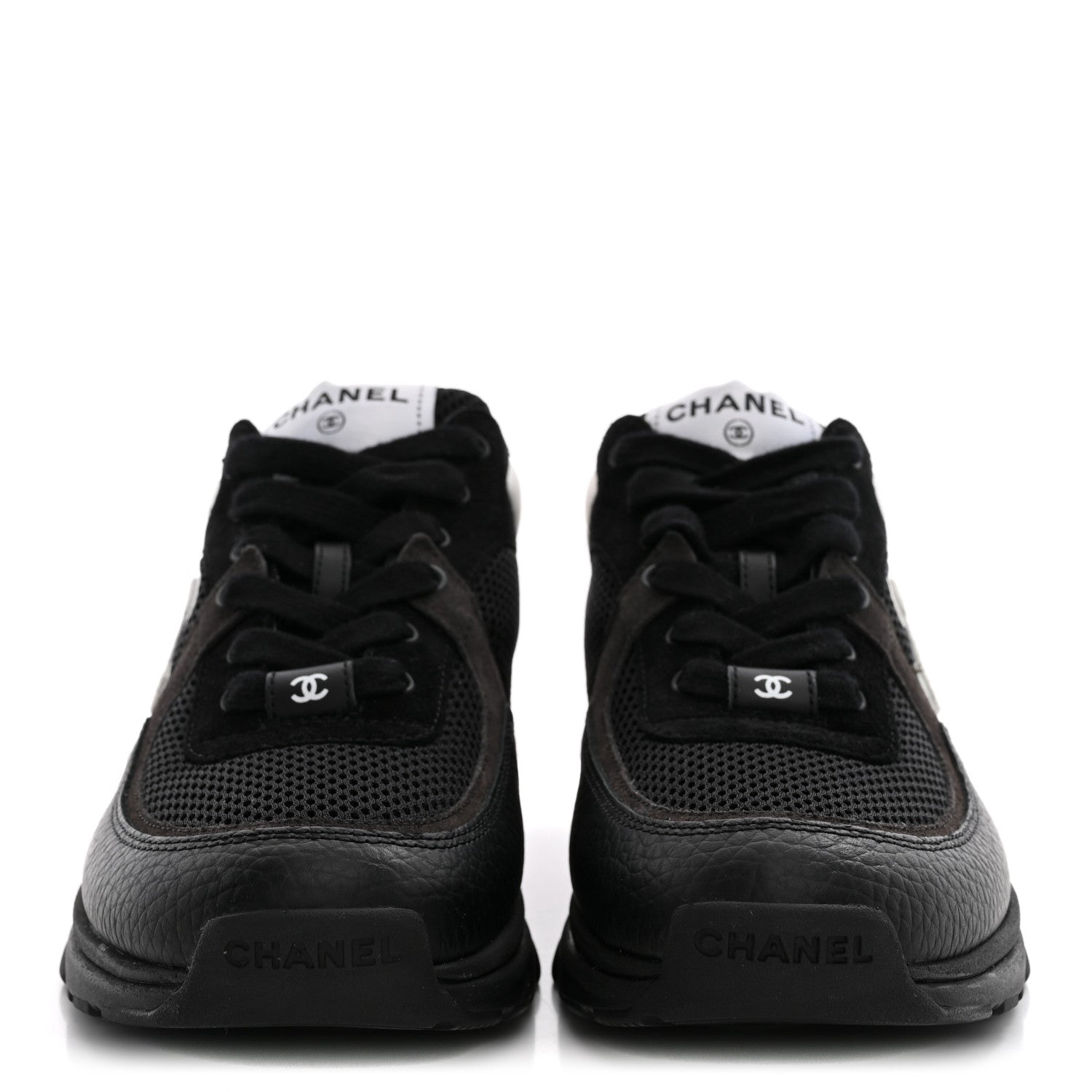 Chanel Mesh Suede Grained Calfskin Womens CC Sneakers 38.5 Black White 3 of 10