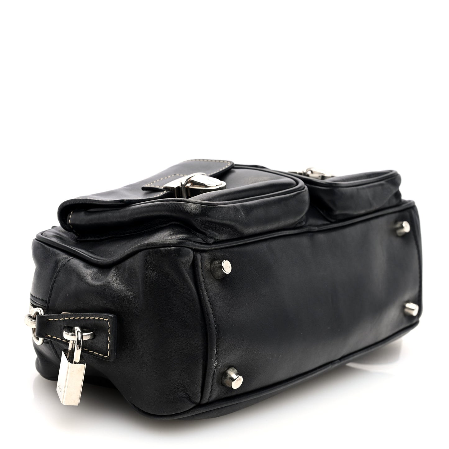 Vitello Heavy Push Lock Pocket Shoulder Bag Black