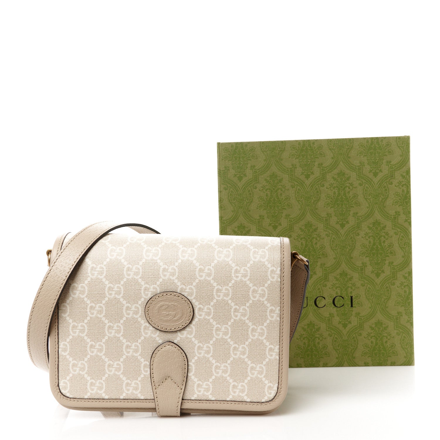 Gucci GG Supreme Monogram Textured Dollar Calfskin Mini Retro Interlocking G Flap Shoulder Bag Beige Mystic White Oatmeal 12 of 12