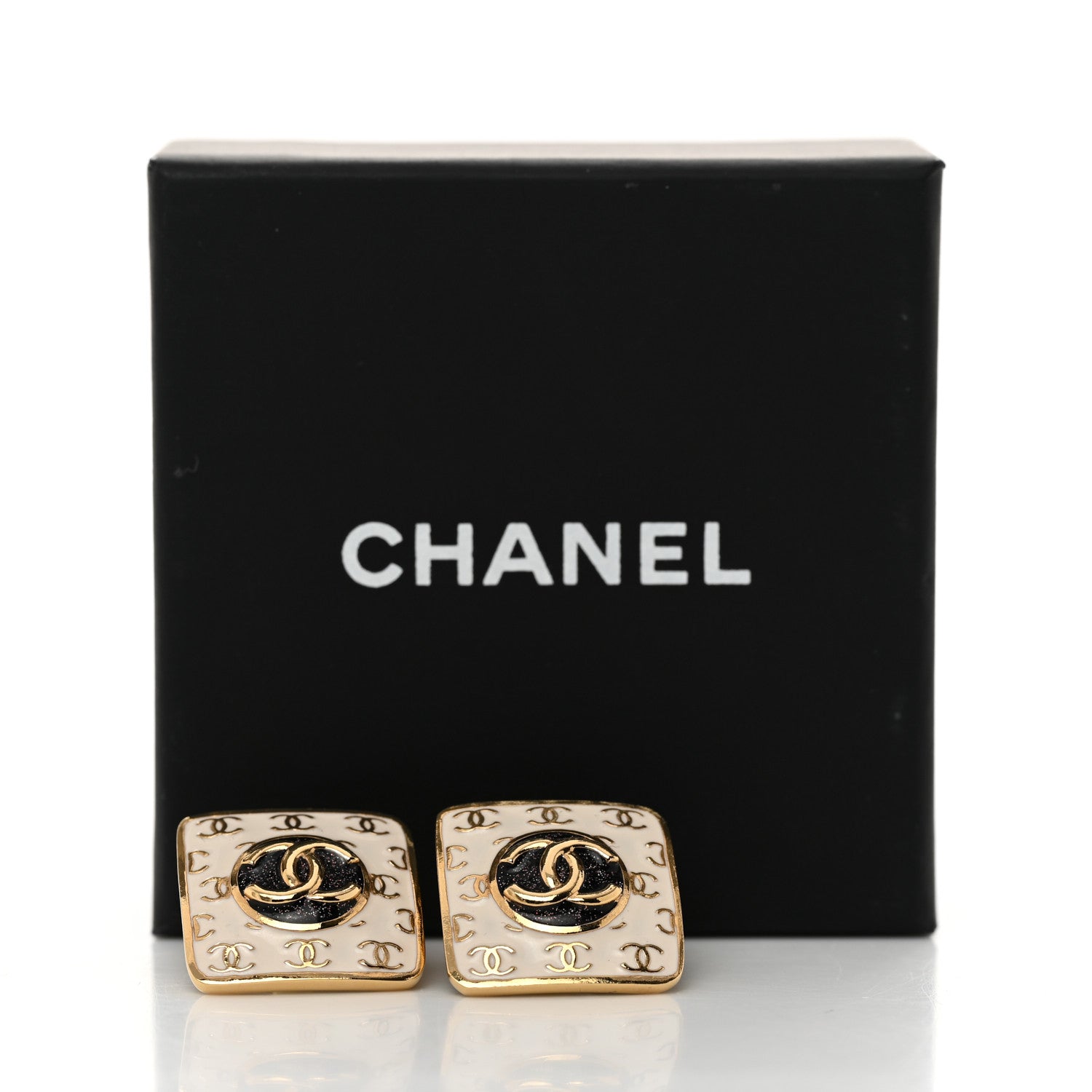 Chanel Metal Glitter Sparkle CC Square Earrings Gold White Black 5 of 5