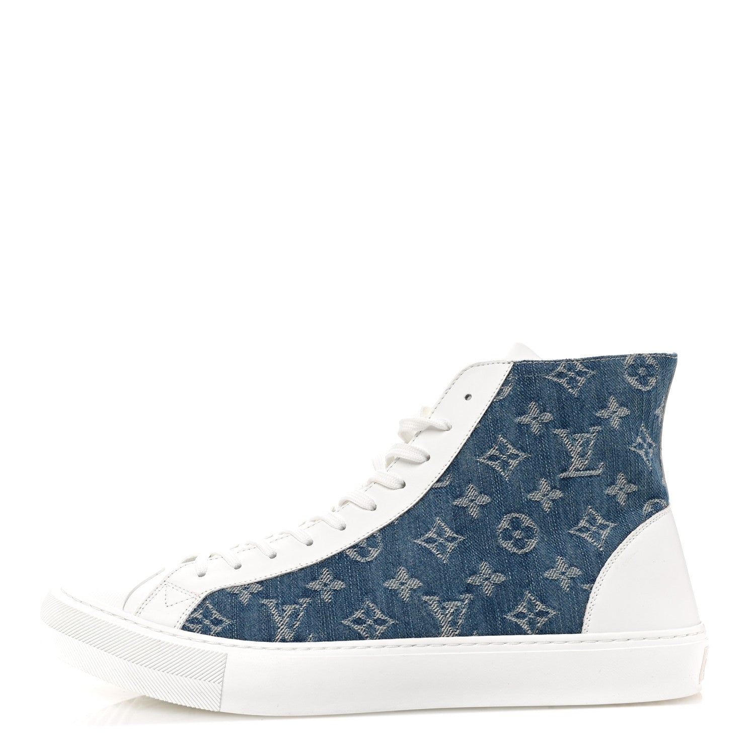 Louis Vuitton Calfskin Denim Monogram Mens Tattoo Sneaker Boots 11 White Blue 1 of 12