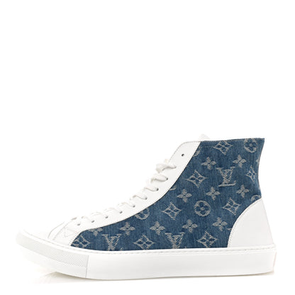 Louis Vuitton Calfskin Denim Monogram Mens Tattoo Sneaker Boots 11 White Blue 1 of 12