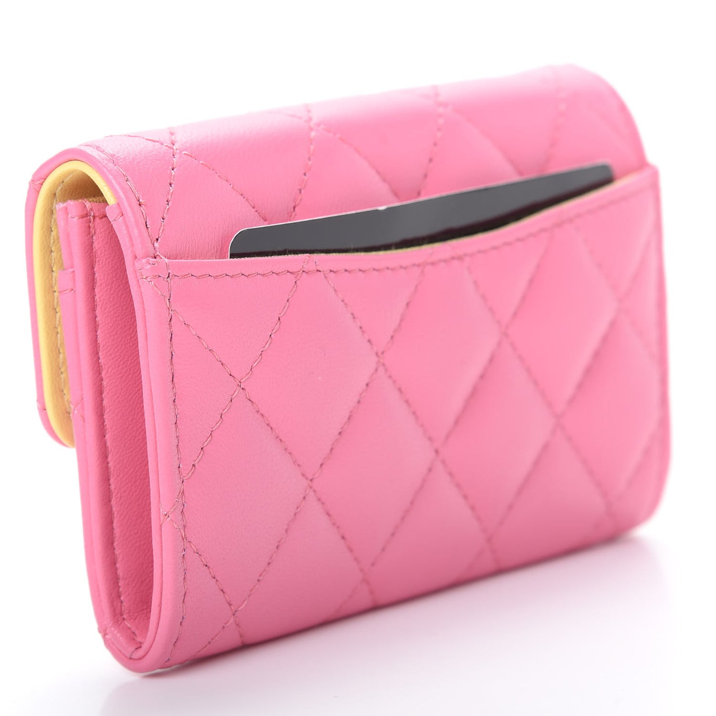 Lambskin Quilted Flap Card Holder Wallet Pink Yellow