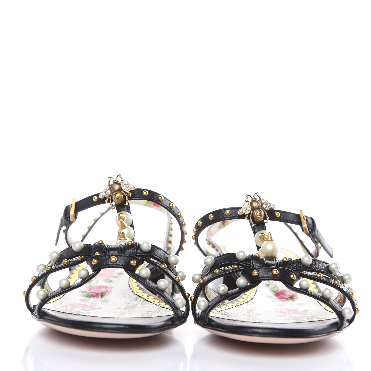 Gucci Malaga Kid Pearl Studded Regina T-Strap Low Heel Sandals 37 Black 2 of 10