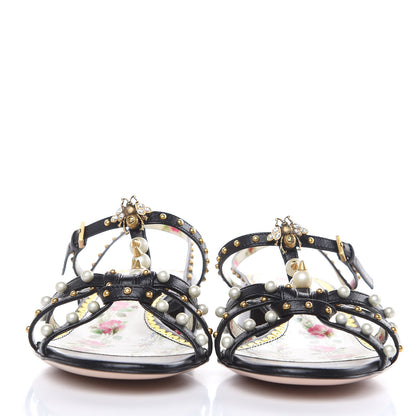 Gucci Malaga Kid Pearl Studded Regina T-Strap Low Heel Sandals 37 Black 2 of 10