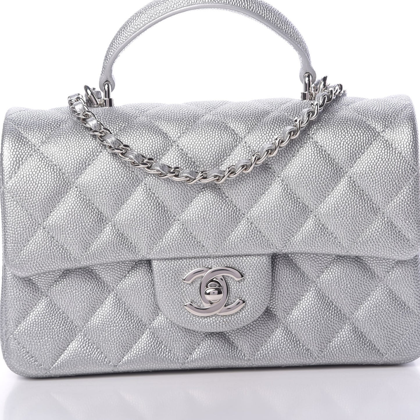 Metallic Caviar Quilted Mini Top Handle Rectangular Flap Silver