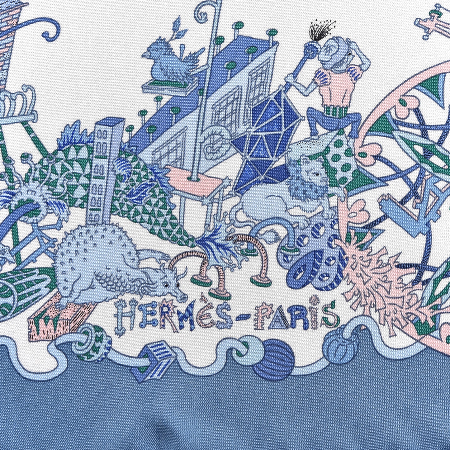 Silk Twill La Folle Parade Scarf 90 Bleu Jean White Rose