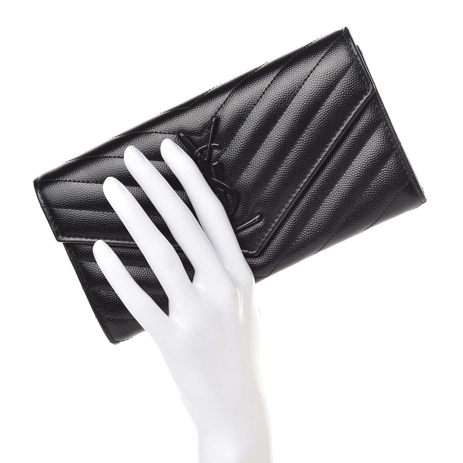 Saint Laurent Grain De Poudre Matelasse Chevron Monogram Flap Wallet Black 2 of 8