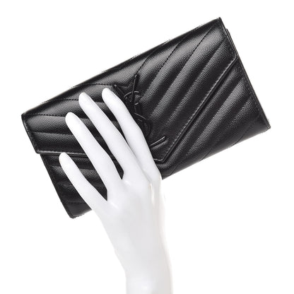 Saint Laurent Grain De Poudre Matelasse Chevron Monogram Flap Wallet Black 2 of 8