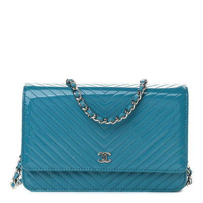 Chanel Patent Calfskin Chevron Quilted Wallet On Chain WOC Blue 1 of 10