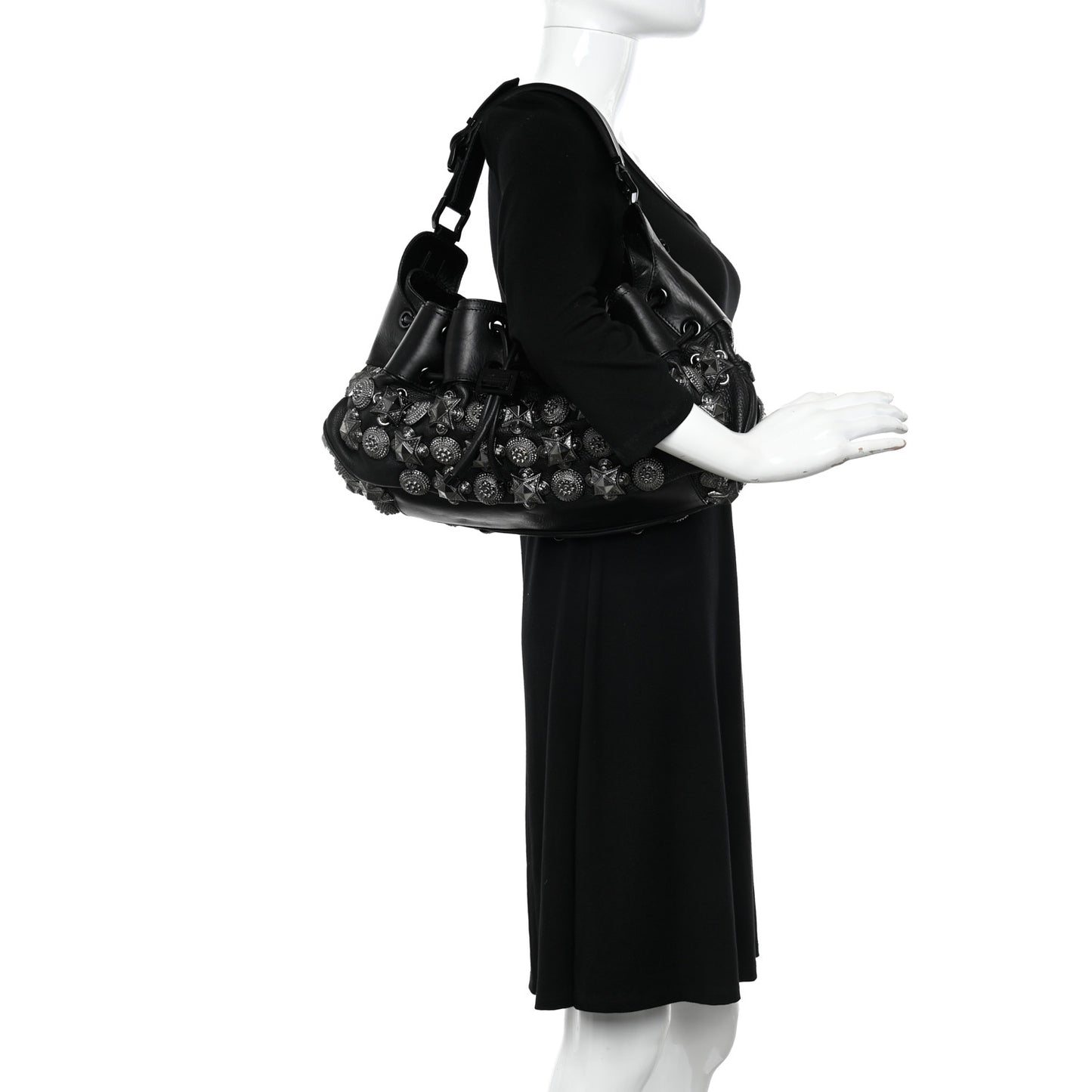 Calfskin Mason Warrior Studded Hobo Black
