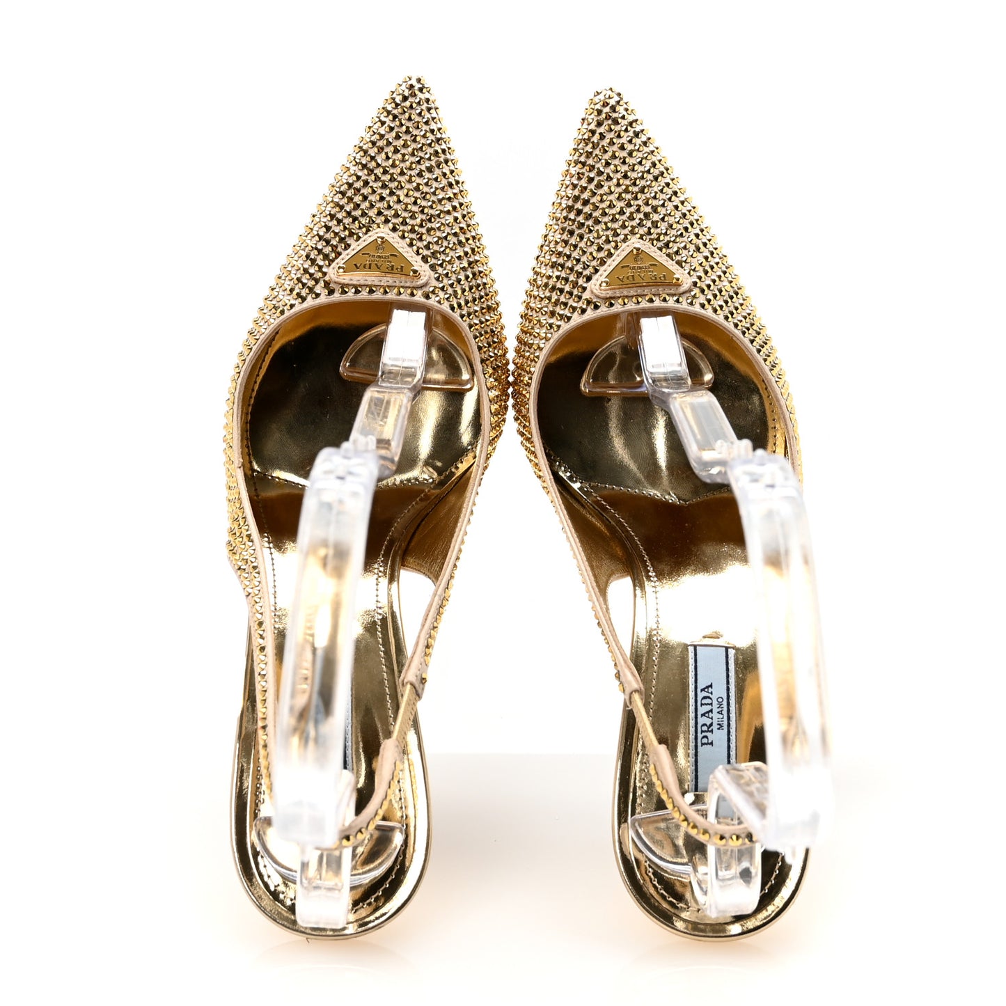 Satin Crystal Triangle Logo 85mm Slingback Pumps 38.5 Platino