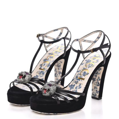 Gucci Velvet Malaga Kid Elias T-Strap Platform High Heel Sandals 38.5 Black 3 of 10