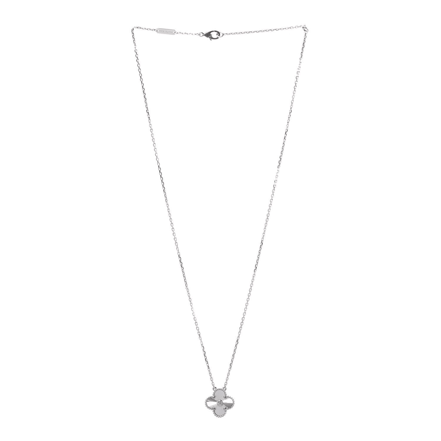 Van Cleef & Arpels 18K White Gold Diamond Guilloche Vintage Alhambra Pendant Necklace 3 of 6