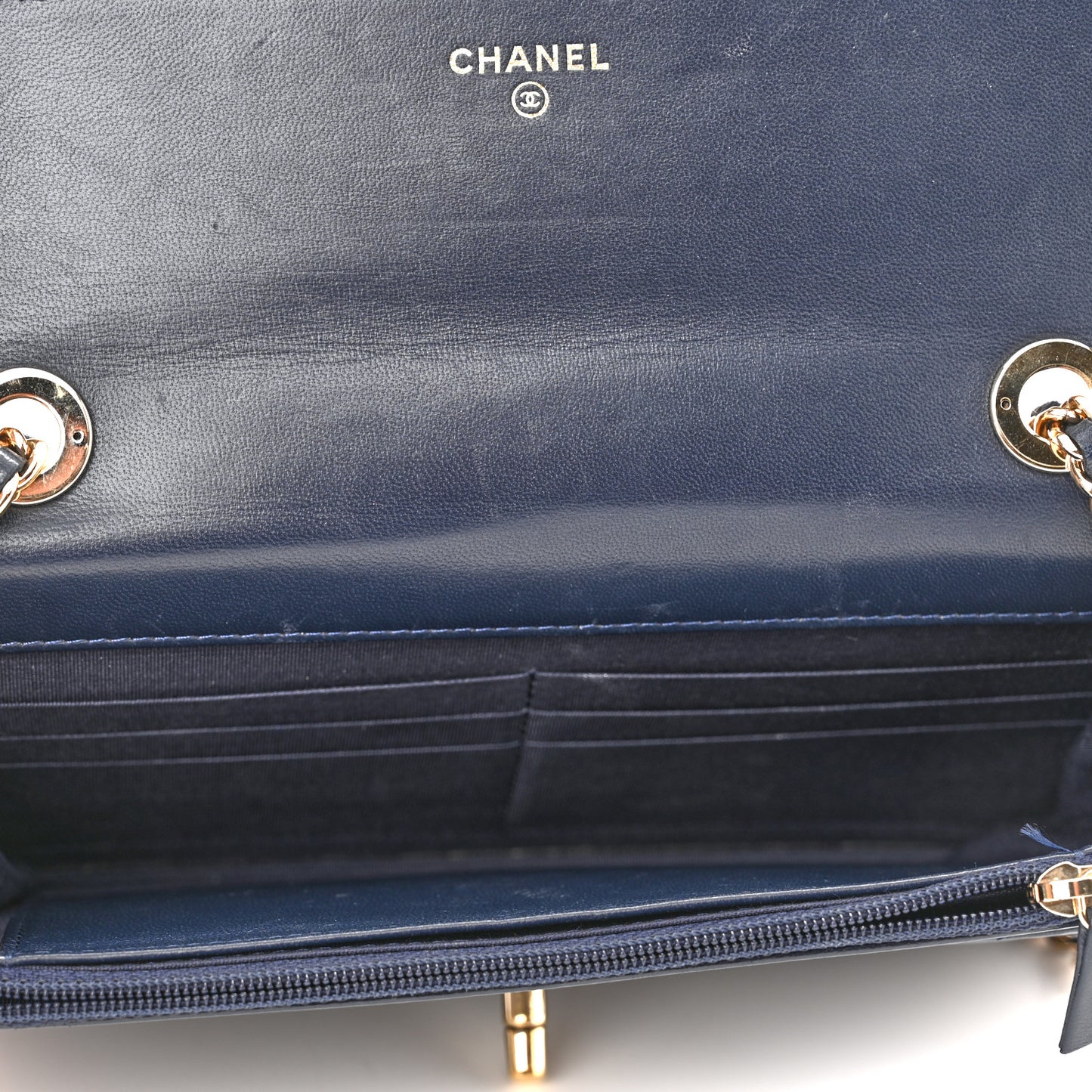 Lambskin Chevron Quilted Trendy CC Wallet On Chain WOC Dark Blue