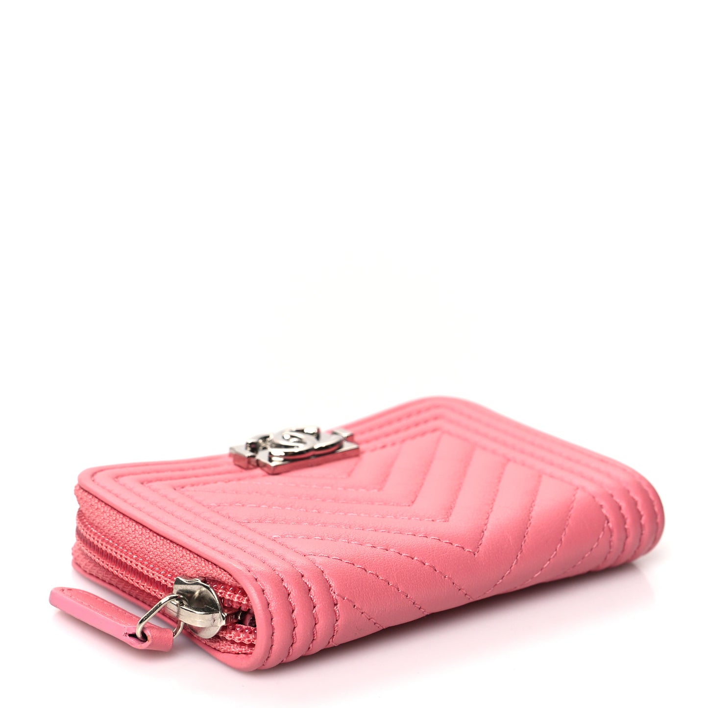 Calfskin Chevron Quilted Zip Around Boy Coin Purse Wallet Pink