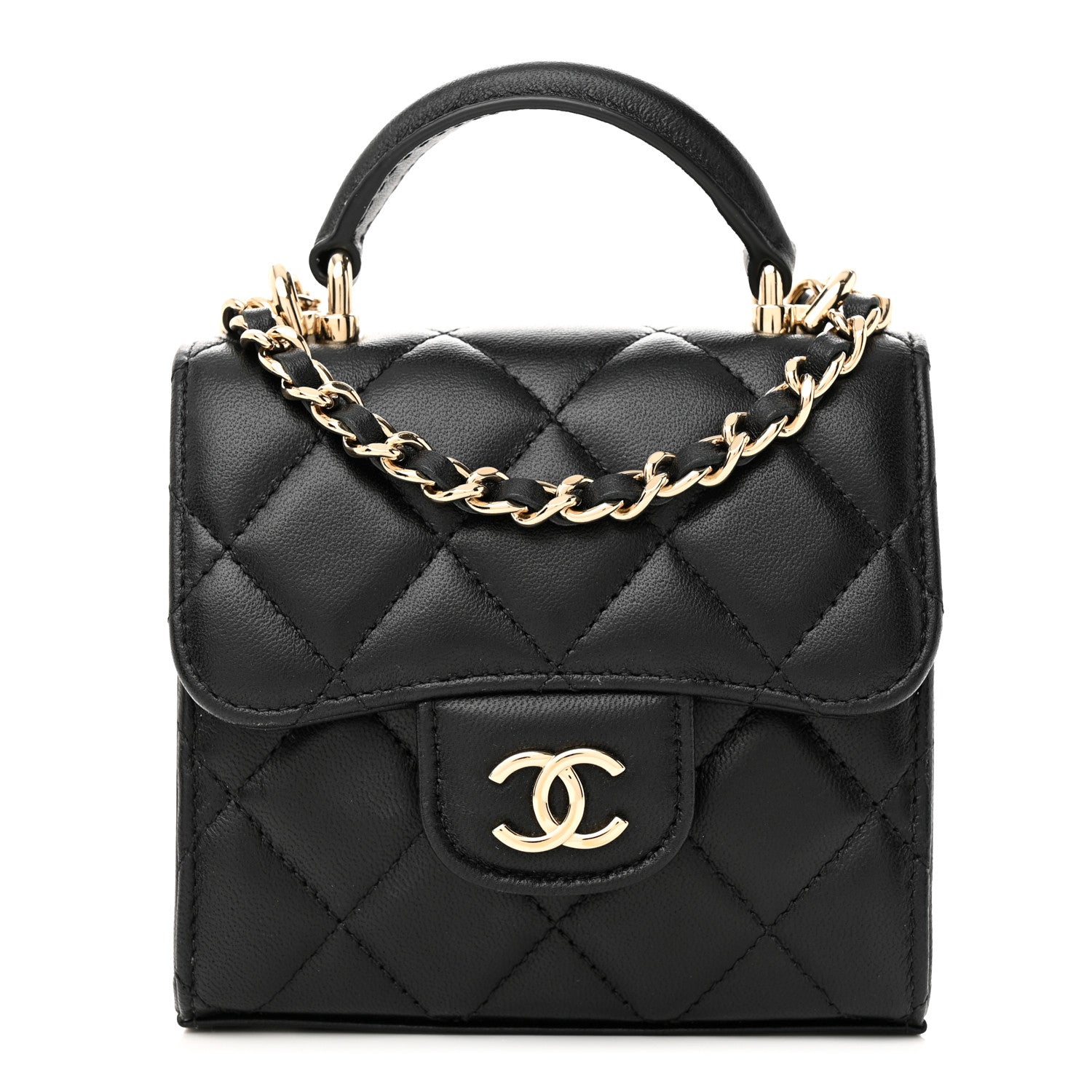 Chanel Lambskin Quilted Top Handle Flap Clutch With Chain Black 1 of 11