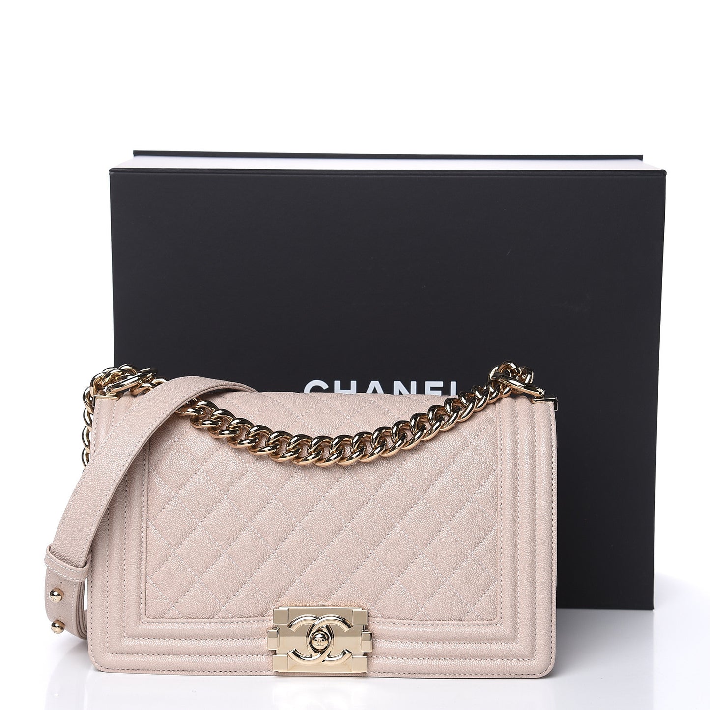 Iridescent Caviar Quilted Medium Boy Flap Light Beige