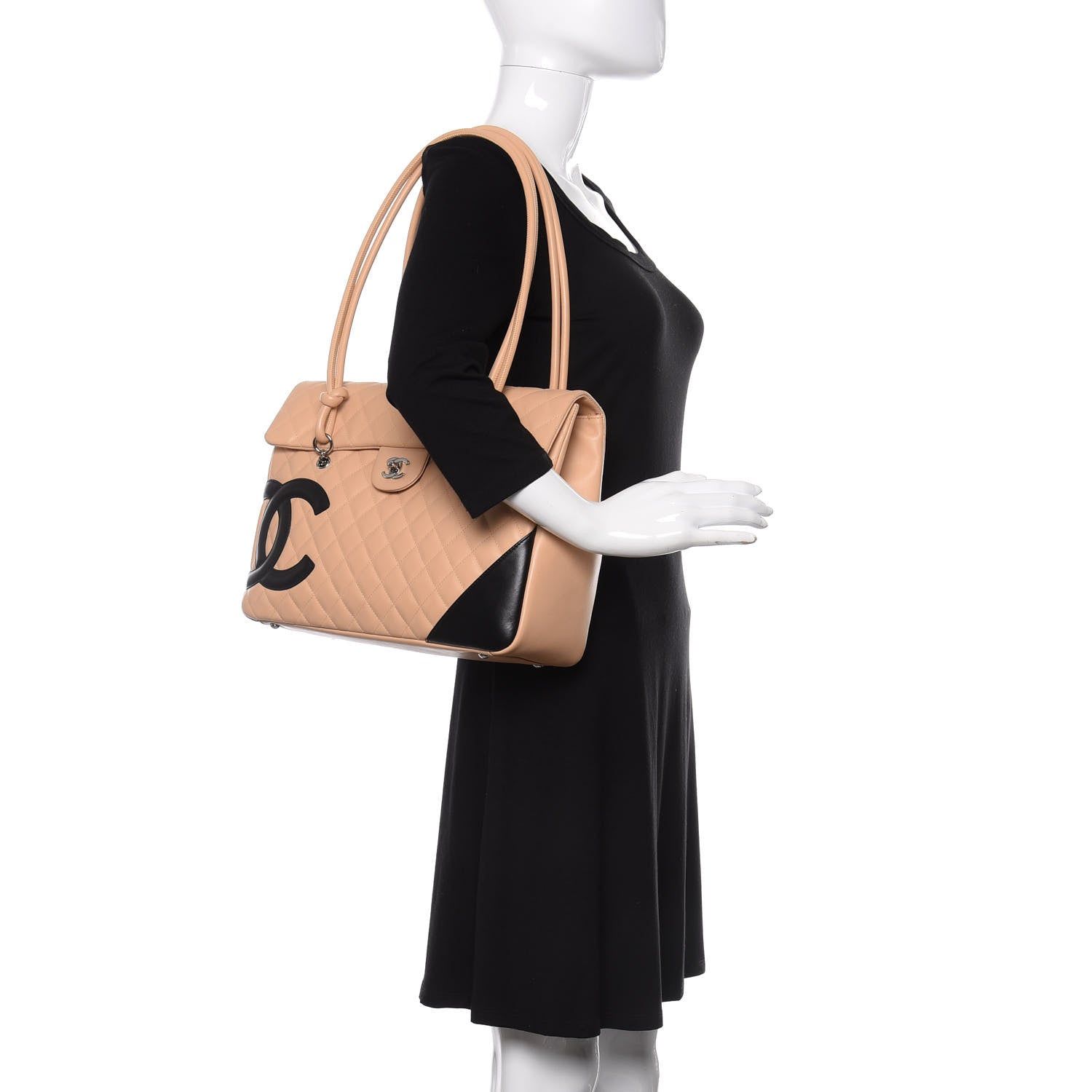 Chanel Calfskin Quilted Large Cambon Flap Beige Black 2 of 10