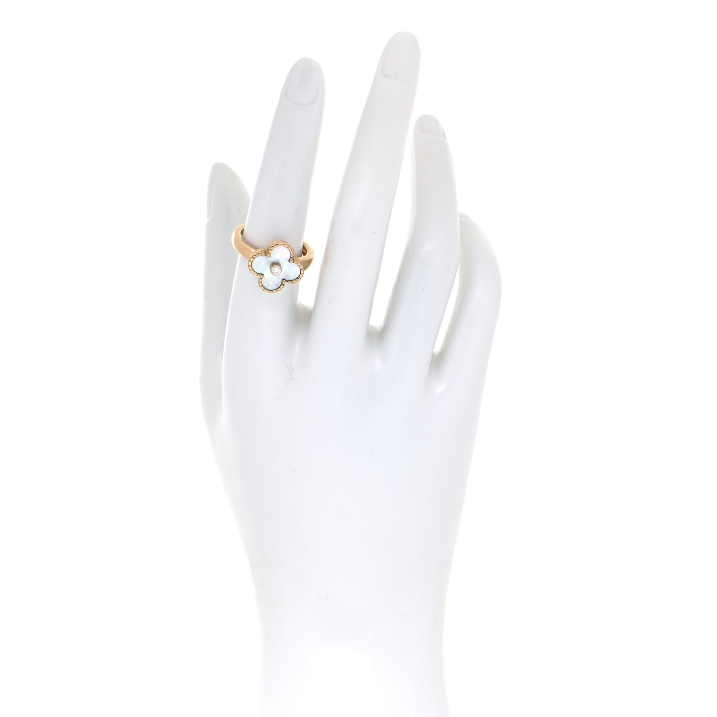 18K Yellow Gold Diamond Mother of Pearl Vintage Alhambra Ring 55 7.25