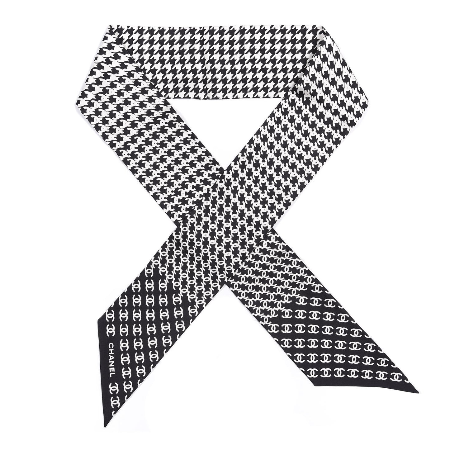 Silk Twill Houndstooth Slim Bandeau Scarf Black Ecru