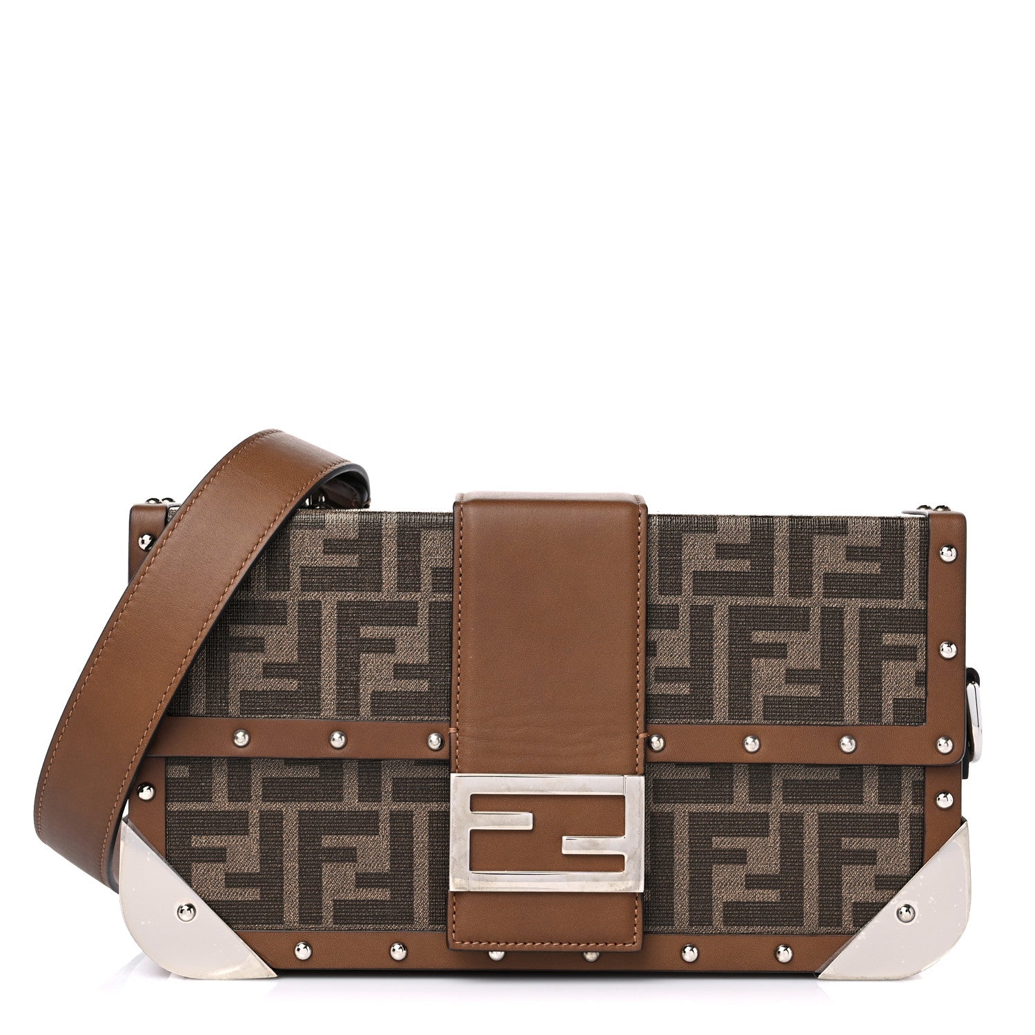 Fendi Shiny Glazed Fabric Vachetta FF 1974 Medium Baguette Trunk Mogano Panna Cuoio 1 of 13