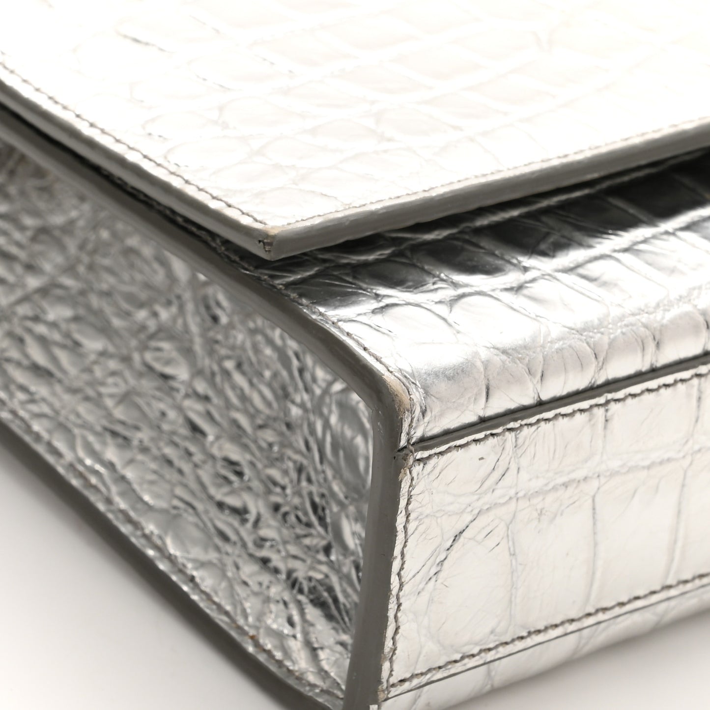 Calfskin Crocodile Embossed Monogram Chain Wallet Argento