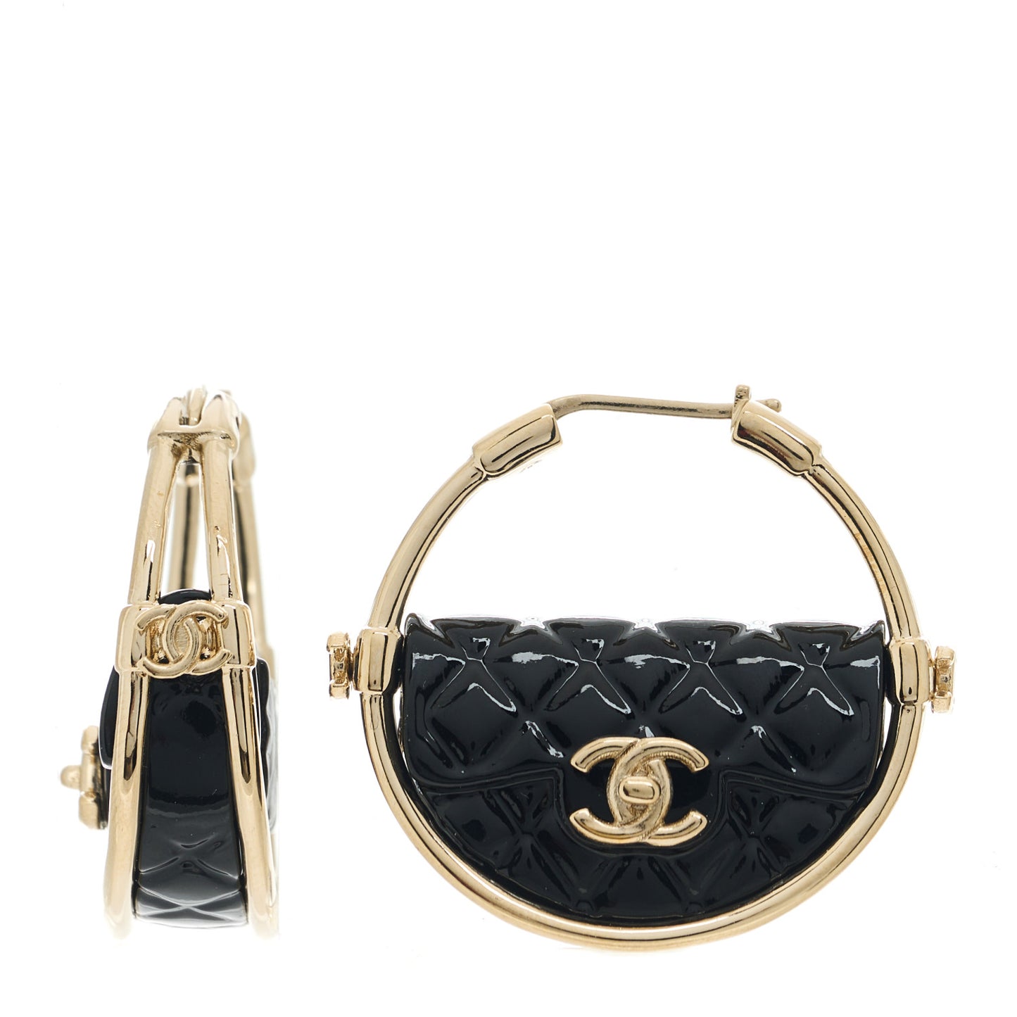 Metal Resin Quilted Flap Bag Hoop Earrings Black Gold