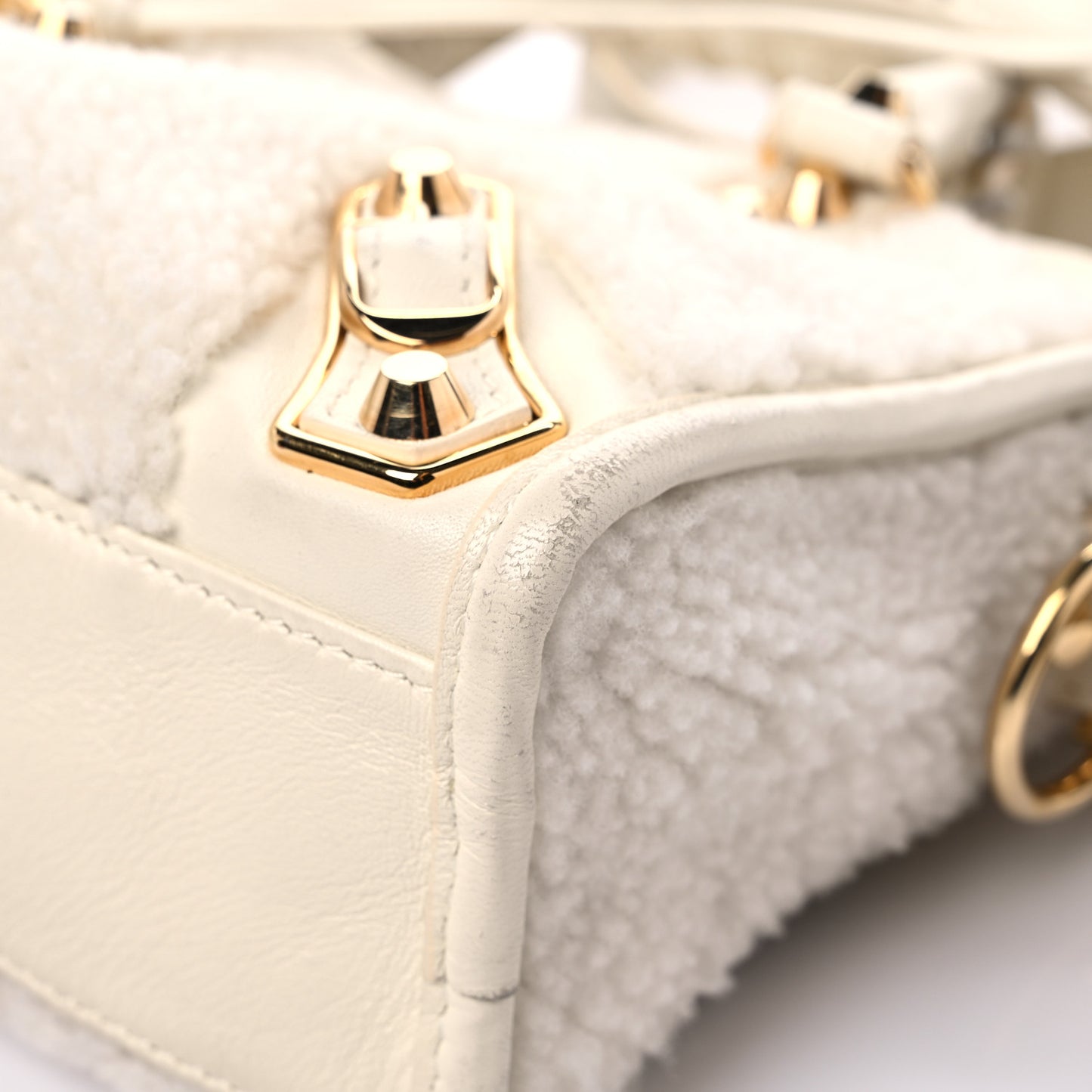 Shearling Nappa Gold Metallic Edge Hardware Mini City Cream