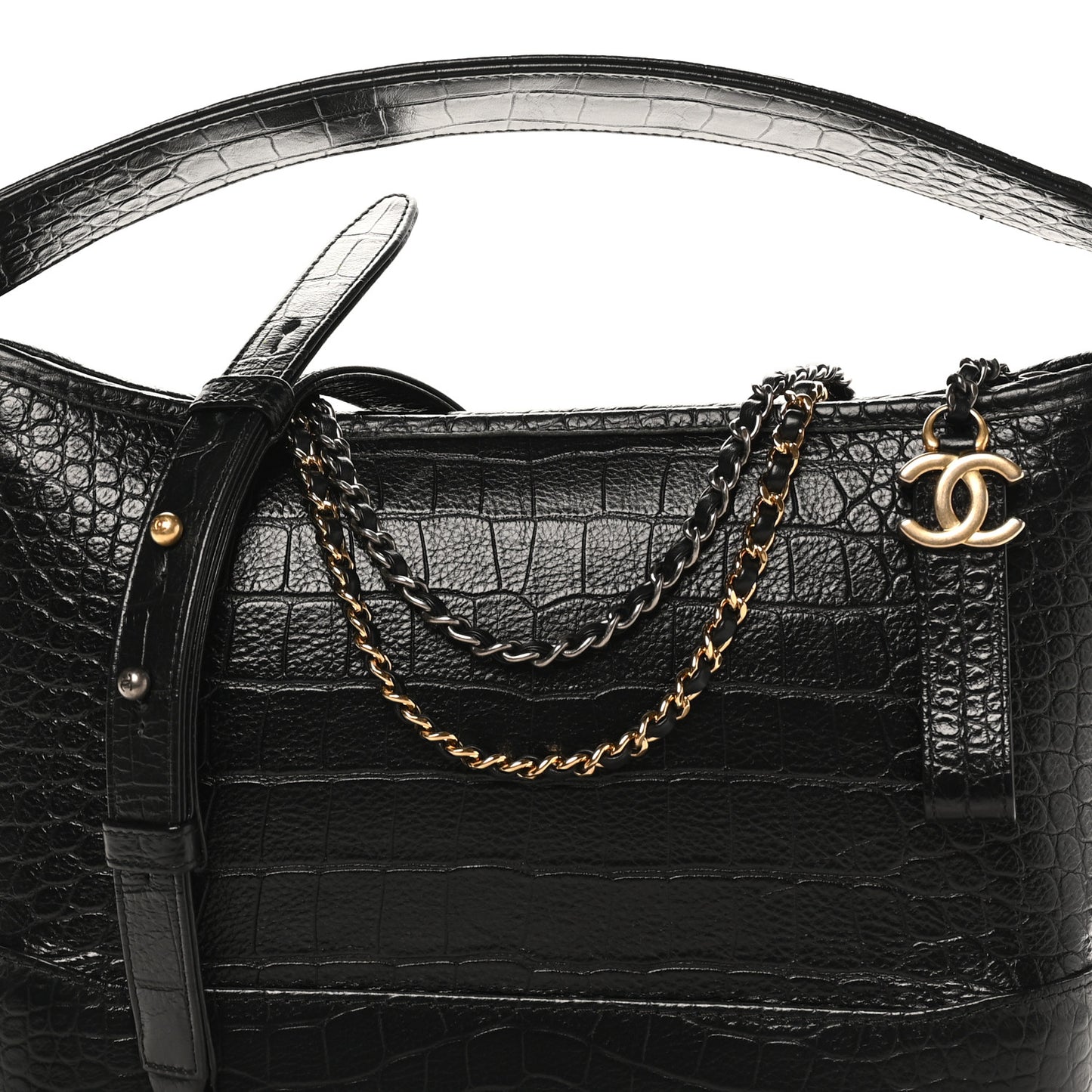 Crocodile Embossed Calfskin Medium Gabrielle Cocodile Hobo Black