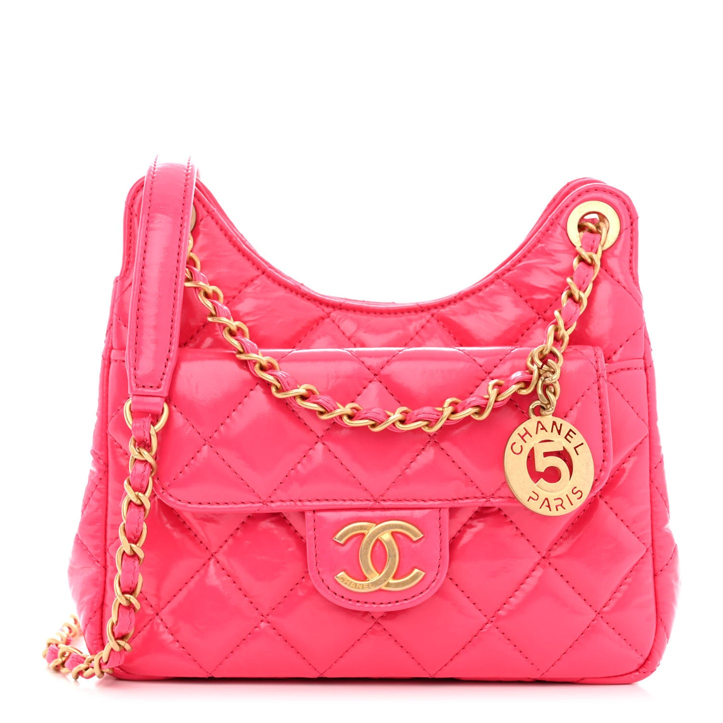Shiny Crumpled Calfskin Quilted Small Wavy CC Hobo Pink
