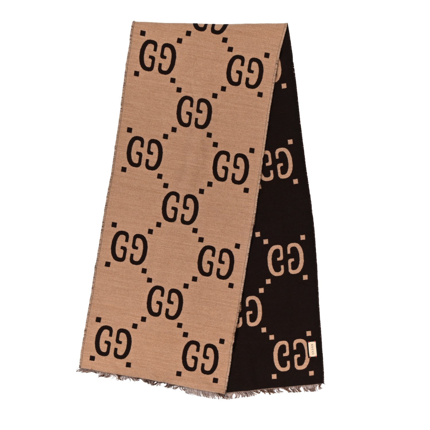 Gucci Wool Silk Monogram Jumbo GG Freedom Scarf Dark Brown Beige 2 of 4