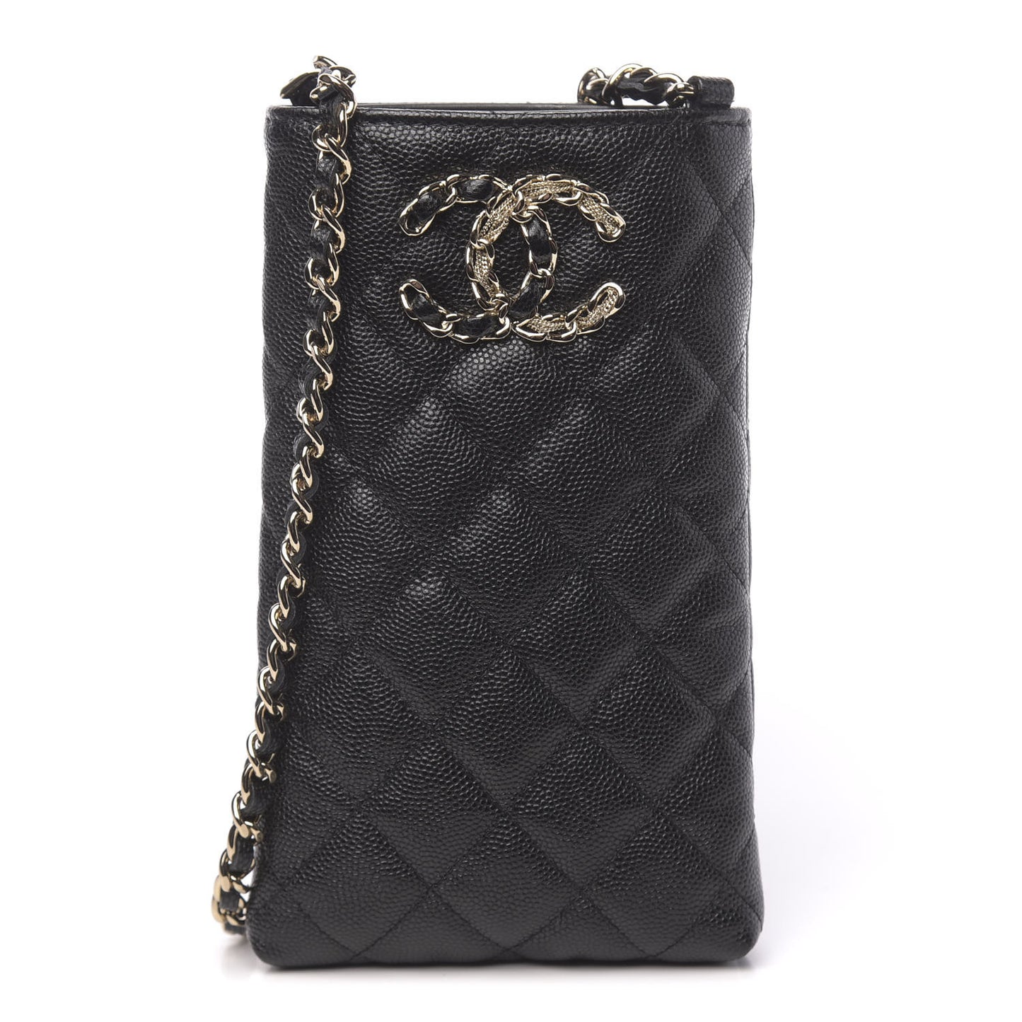 Caviar Quilted French New Wave Phone Holder With Chain Black