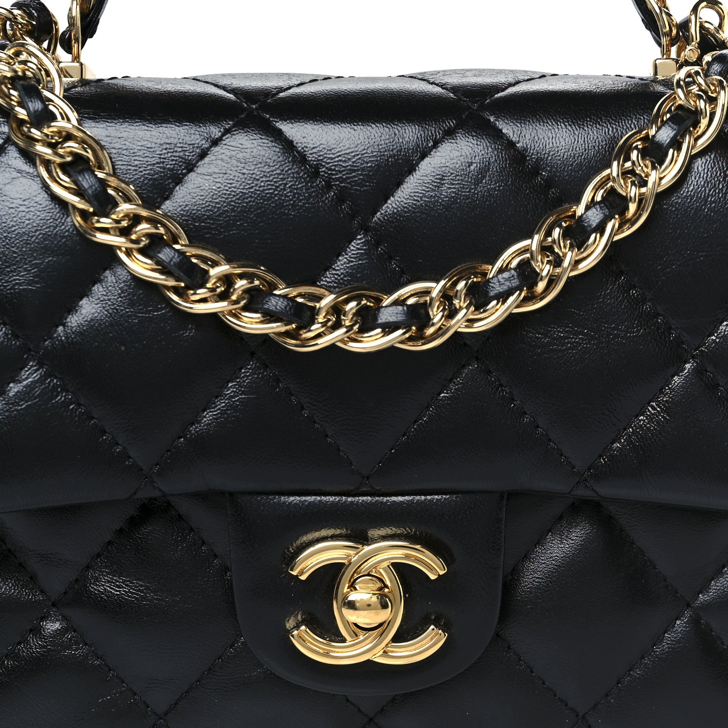 Chanel Shiny Lambskin Quilted Golden Links Top Handle Flap Black