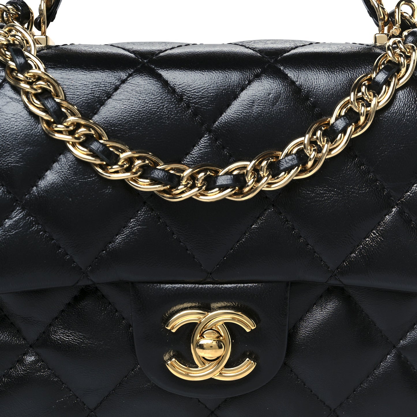 Shiny Lambskin Quilted Golden Links Top Handle Flap Black