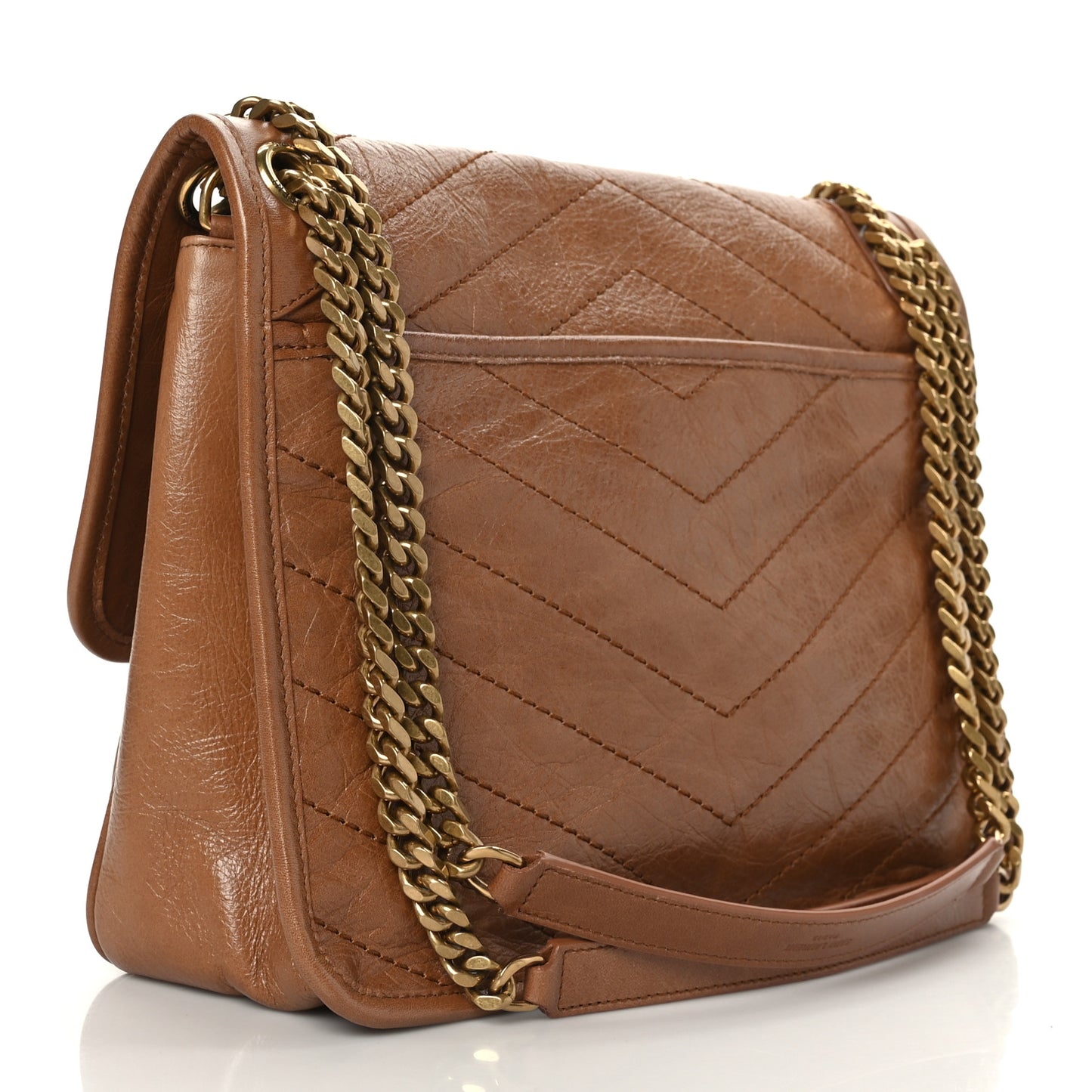 Crinkled Calfskin Matelasse Monogram Medium Niki Chain Satchel Caramel