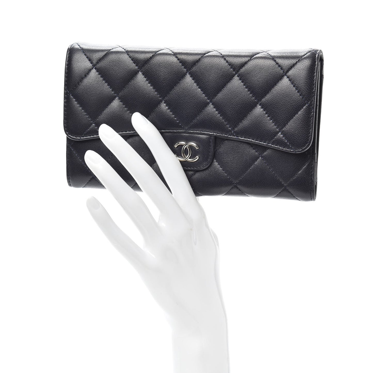 Lambskin Quilted Large Flap Wallet Navy
