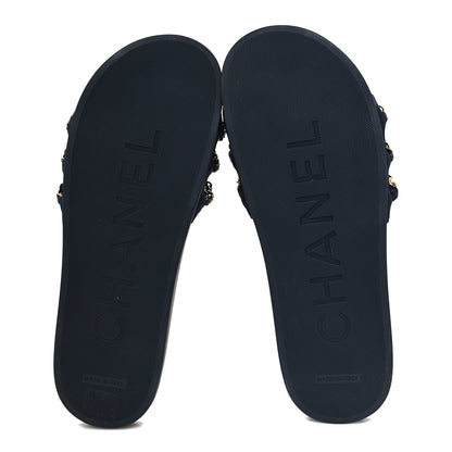 Chanel Satin Canvas Chain Slides Sandals Flats 41 Marine 5 of 8
