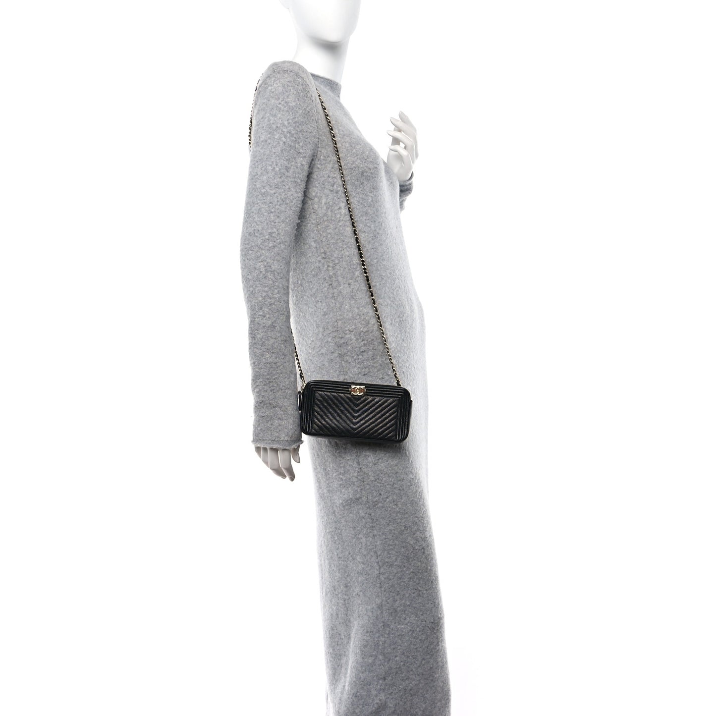 Caviar Chevron Small Boy Clutch With Chain Black