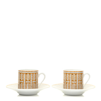 Hermes Porcelain Mosaique Au 24 Gold Coffee Cup and Saucer Set of 2 1 of 10