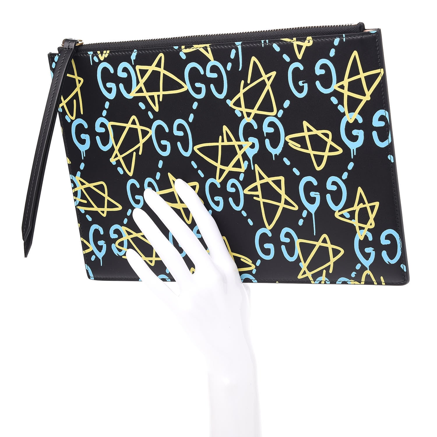 Gucci Calfskin GucciGhost Print Pouch Black New Acquamarine 2 of 12