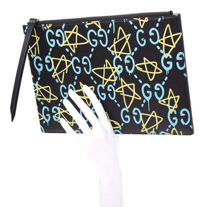 Gucci Calfskin GucciGhost Print Pouch Black New Acquamarine 2 of 12