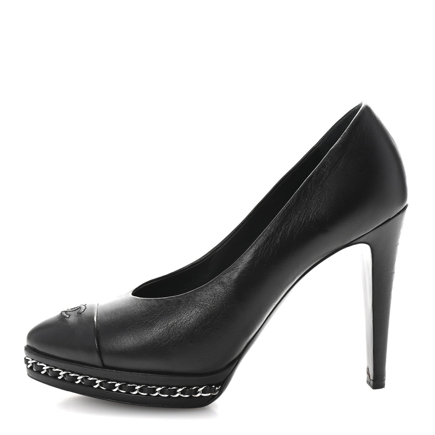 Lambskin CC Cap Toe Platform Chain Pumps 39 Black