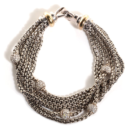 David Yurman Sterling Silver 18k Yellow Gold Pave Diamond Bead 6 Strand Bracelet 1 of 4